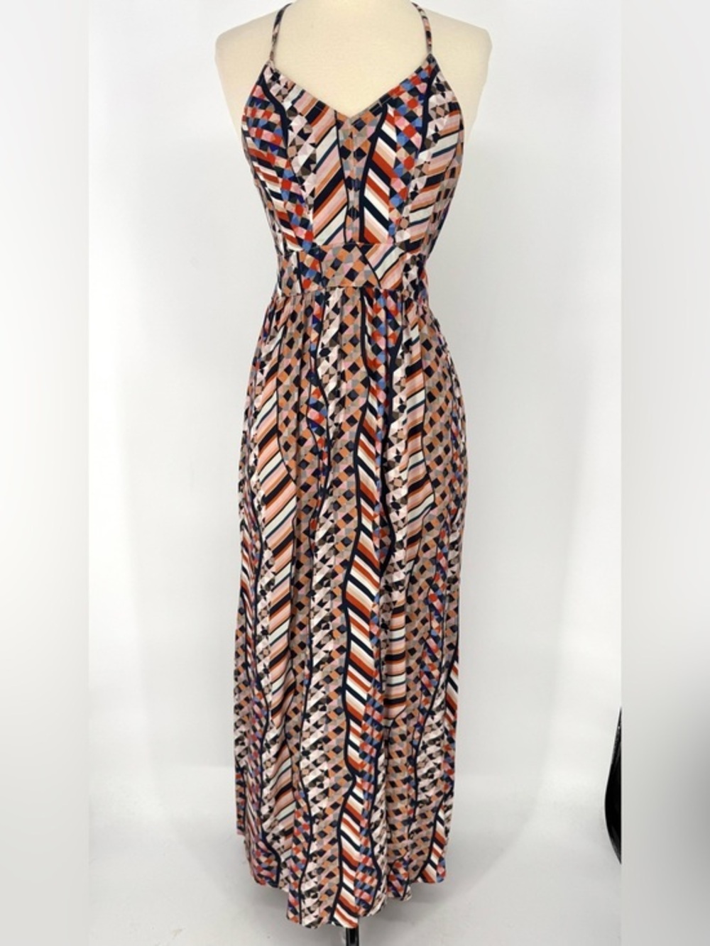 O'Neill smocked drop back boho fairy whimsy Striped Geometric Maxi Dress